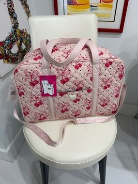 Betsey Johnson Pink Quilted Cherry Hearts & Polka Dots Weekender/Travel Tote Bag